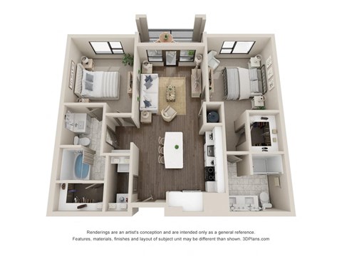 Floor plan for 2 beds, 2 baths, 1054 sqft